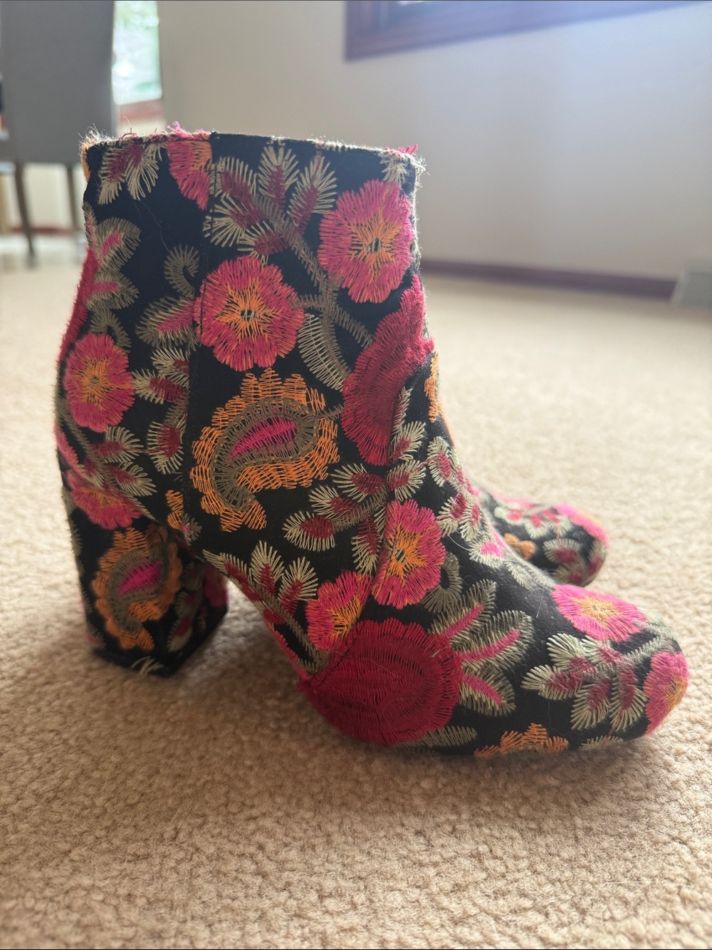Embroidered Floral Mia Ankle Boots - Black with Pink & Gold Accents size 7